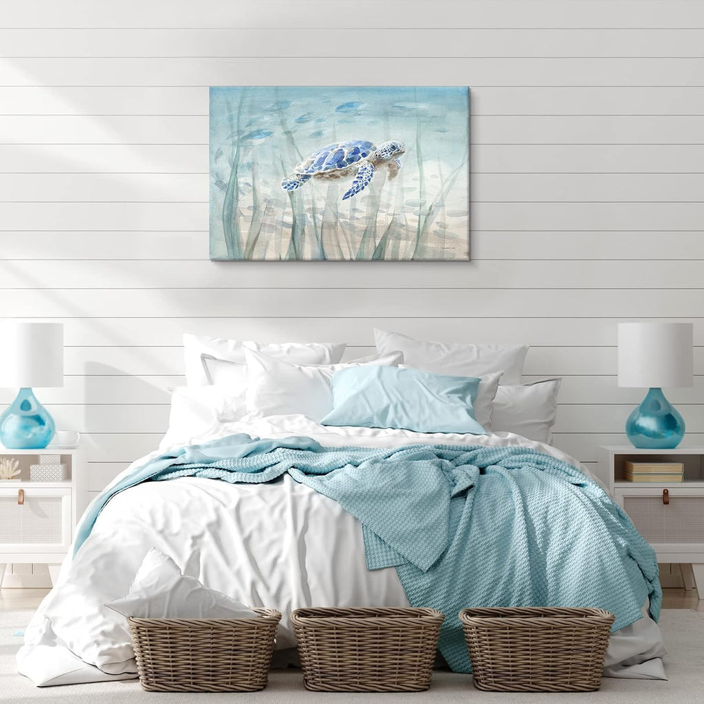 Ocean Wall Decor Blue Turtle Canvas Art Sea Grass Pictures Coastal Print Painting Nautical Artwork Ready to Hang