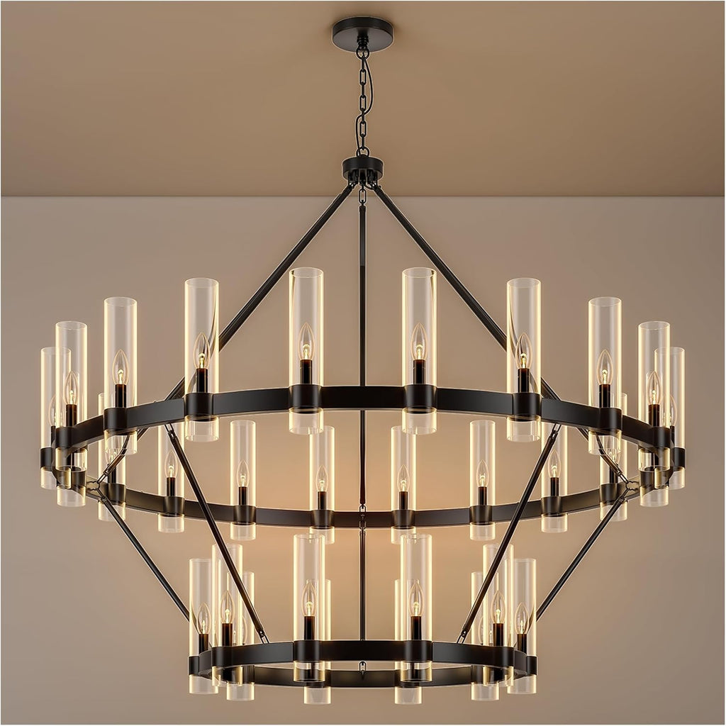 60 Inch Black Wagon Wheel Chandelier 2 Tier with Glass Shade, 30 Lights, Modern Farmhouse Style, Ideal for Dining Room, Kitchen, Entryways A115-B0CHF78PVS