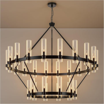 Inspired Ravelle Style 60 Inch Black Wagon Wheel Chandelier 2 Tier with Glass Shade, 30 Lights, Modern Farmhouse Style, Ideal for Dining Room, Kitchen, Entryways