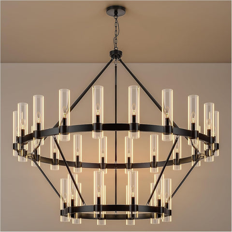 60 Inch Black Wagon Wheel Chandelier 2 Tier with Glass Shade, 30 Lights, Modern Farmhouse Style, Ideal for Dining Room, Kitchen, Entryways A115-B0CHF78PVS