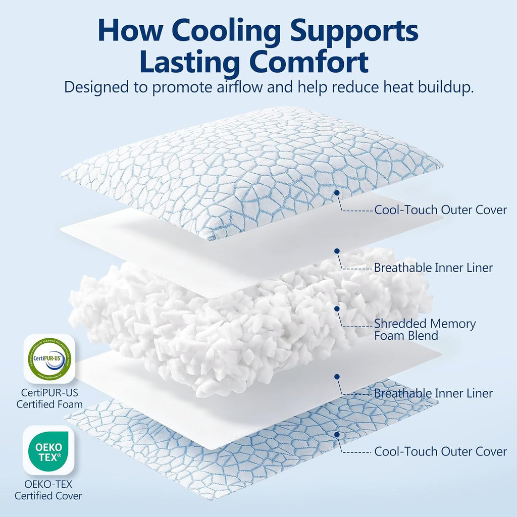 Enhanced Cooling Pillows for Sleeping, CertiPUR-US Shredded Memory Foam Pillows King Size Set of 2 for Hot Sleeper