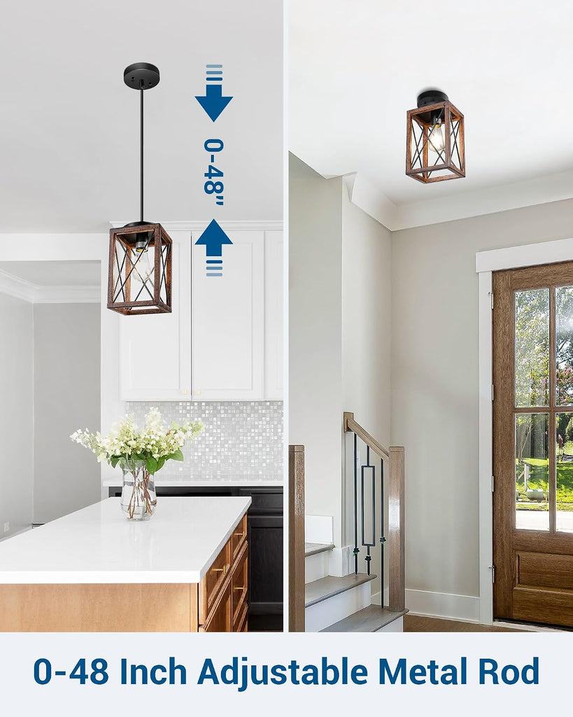 Farmhouse Pendant Light, Metal Hanging Light Fixture with Wooden Grain Finish, 48 Inch Adjustable Pipes for Flat and Slop Ceiling, Kitchen Island, Bedroom, Dining Hall, E26 Base