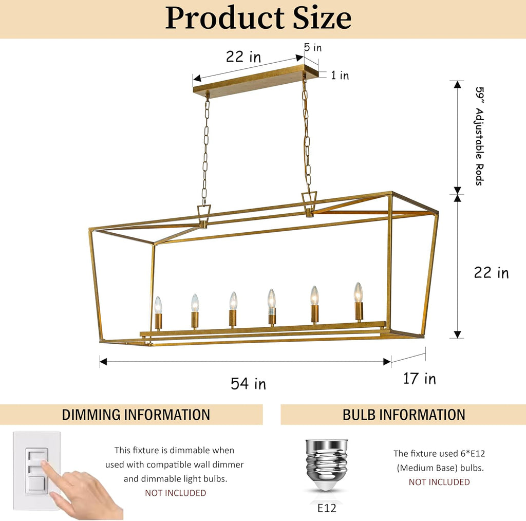 L54 in 6-Light Modern Farmhouse Geometric Industrial Candlestick Cage Chandelier Adjustable Height Kitchen Island Chandelier in Matte Gold for Dining Table