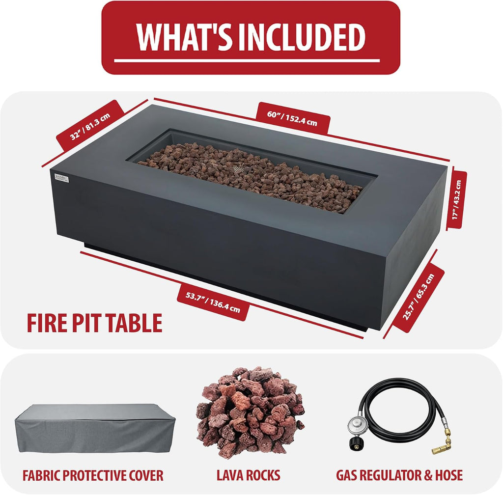 AMS 60" Rectangular Concrete GFRC Propane Gas Fire Pit Table (Dark Gray) | (Madison) Smooth Texture Fire Pit Table