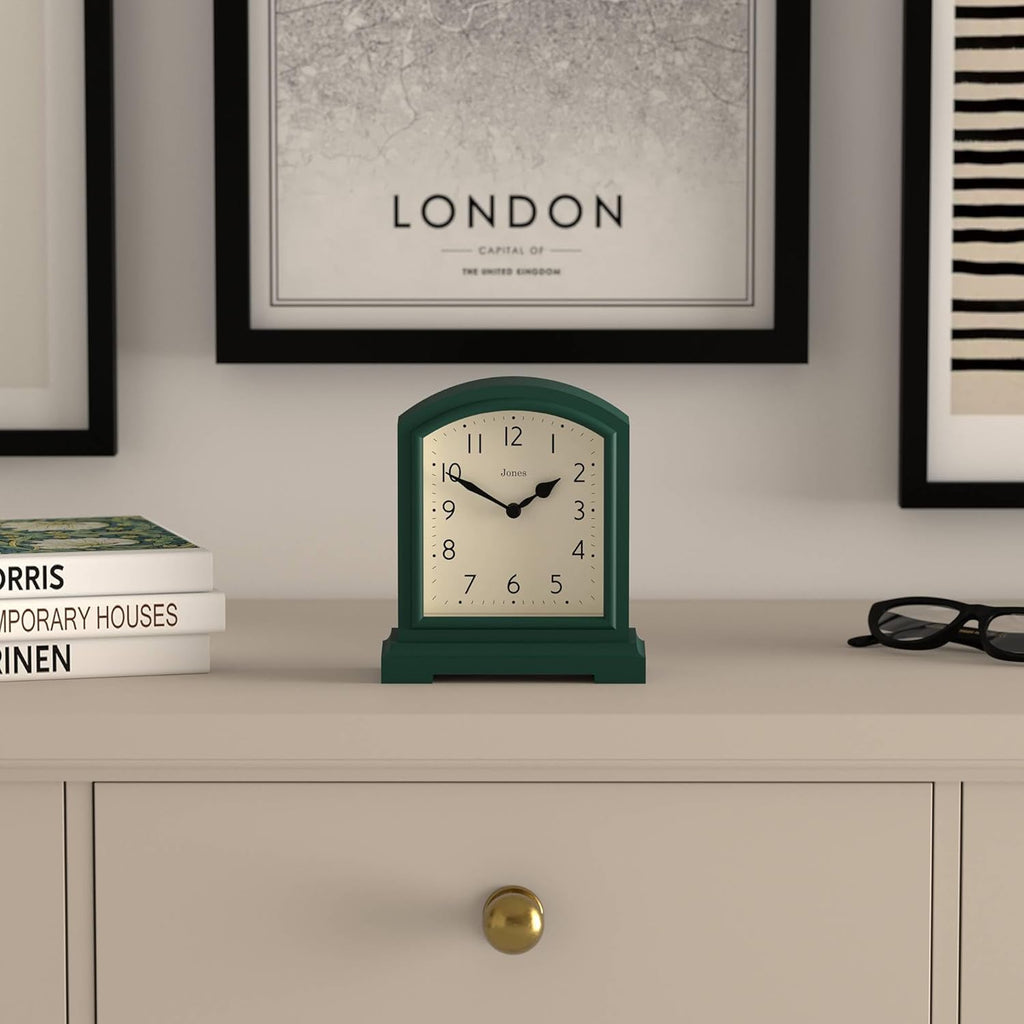 Tavern Mantel Clock - Modern Arch top Design - Dark Green - Contemporary Classic Style for Desk, Table, Shelf or Bedside
