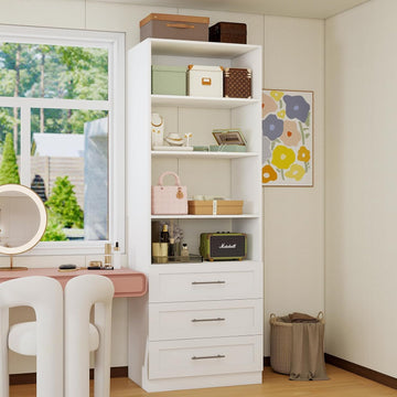 Closet System with 3 Drawers & 4 Shelves, Wood Closet Organizer System with 1 Extra Hanging Rod for Walk in Closet