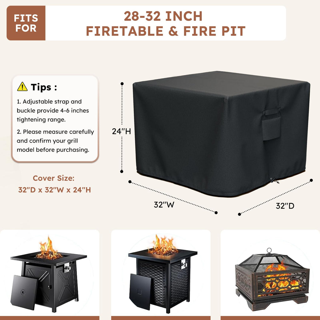 Fire Pit Cover Square 32 x 32 x 24In, Heavy Duty 600D Waterproof