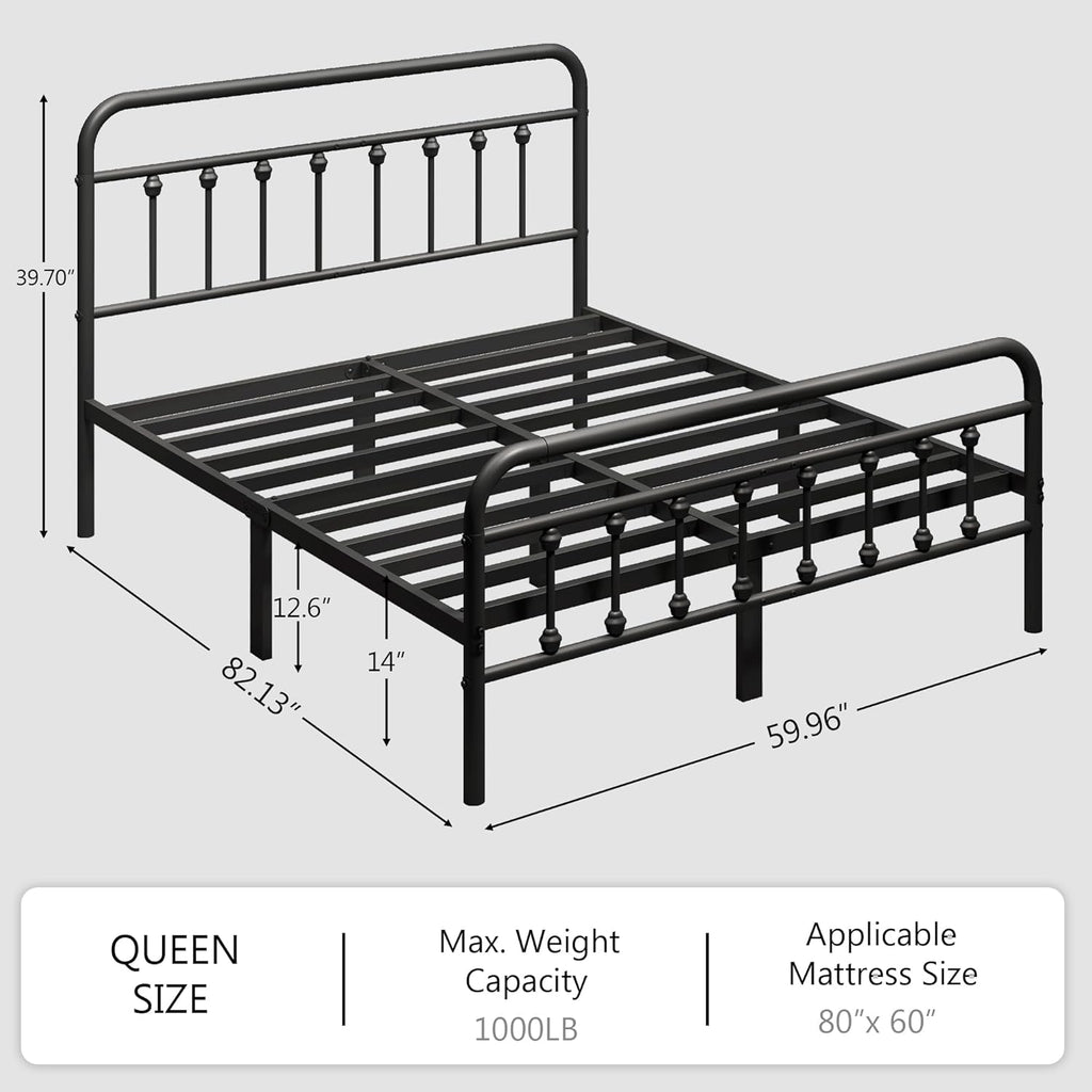 Queen Metal Platform Bed Frame/Victorian Style Headboard and Footboard/Steel Slat Support/Easy Assembly/No Box Spring