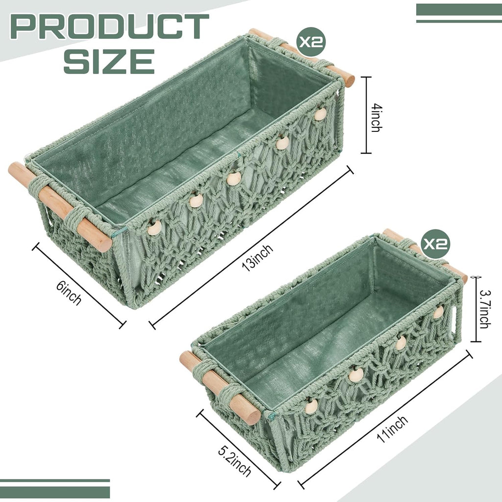 4 Pcs Sage Green Macrame Storage Basket for Shelves 13" 11" Boho Storage Basket Hand Woven Boxes with Wood Handles