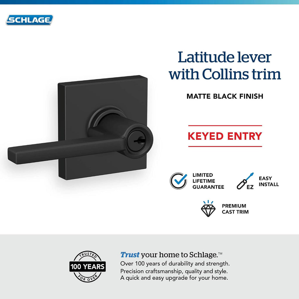 LAT 622 COL Latitude Door Lever with Collins Trim, Keyed Entry Lock, Matte Black