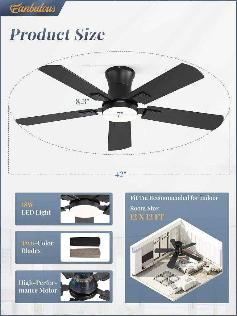 42 inch ceiling fan with light, Low Profile Ceiling Fan with Light, App&Remote Control, Dimmable LED Light