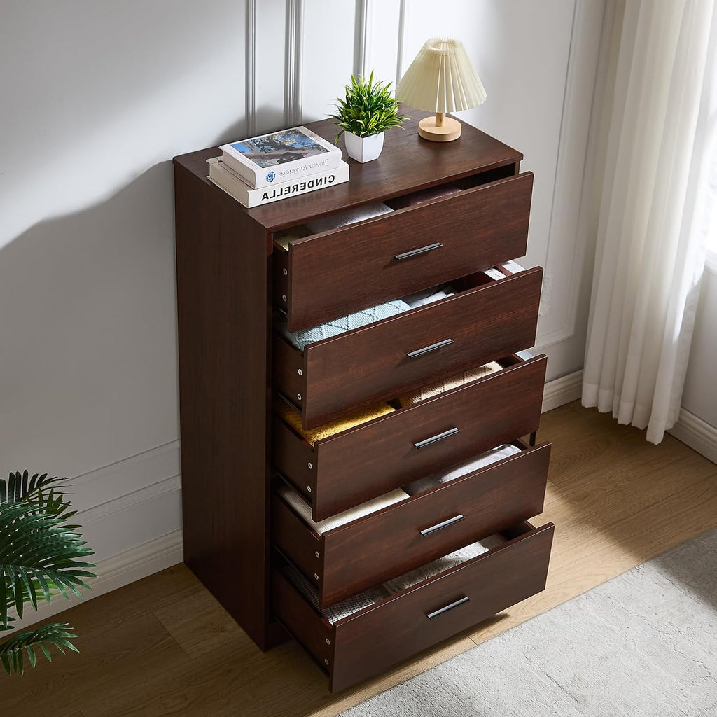 Dark Cherry Dresser , 5 Drawer Dressers & Chests of Drawers, Modern Wood Dresser, 47 Inches Tall Chest of Drawers