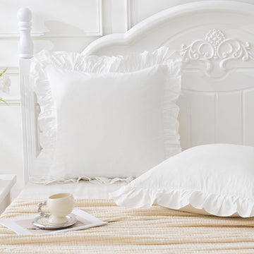 Vintage Off White Ruffle Euro Shams Shabby Farmhouse Pillow Cover 100% Washed Cotton Pillowcases Set of 2-26"x26" White