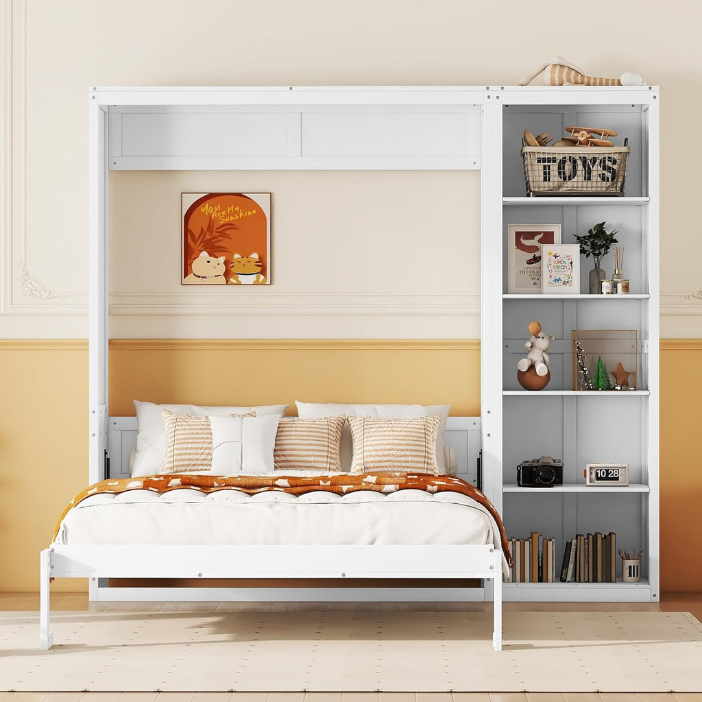 Murphy Bed with Shelves, Versatile Wall Bed, Foldable Murphy Cabinet, Full, White