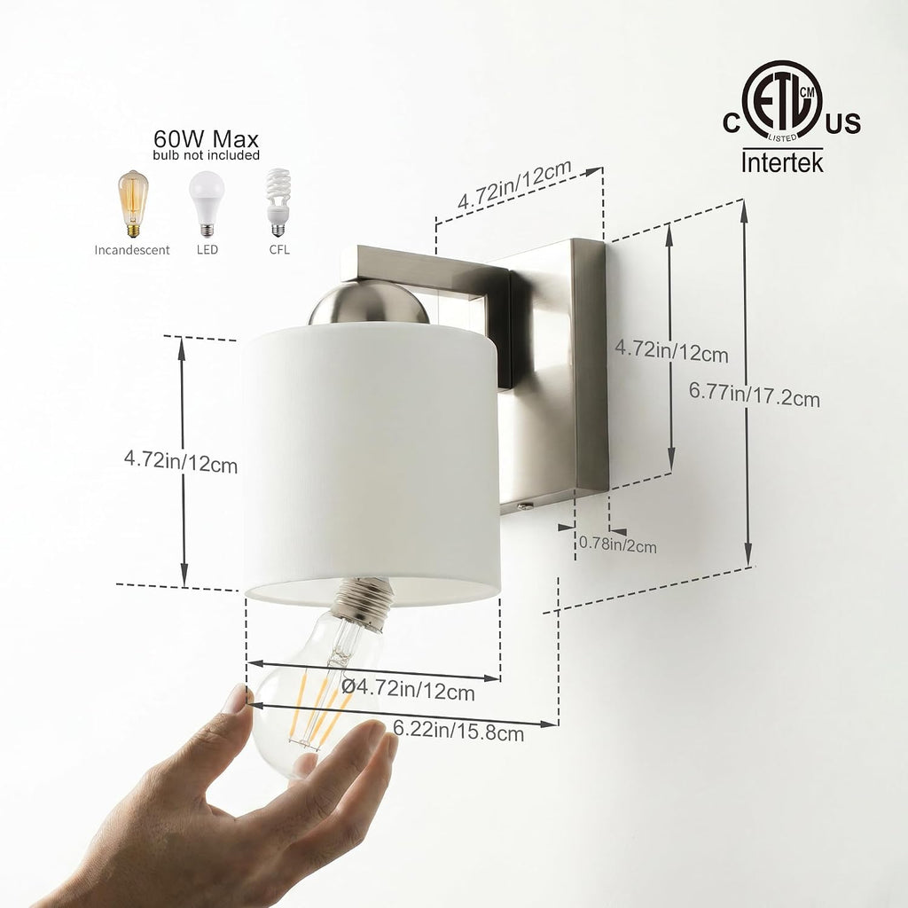 1-Light Brushed Nickel Bathroom Vanity Light with White Glass Shade | Over Mirror,Wall Sconce,ETL listed,Bathroom