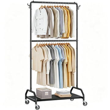 Clothes Rack Double Hanging Clothes Rack Clothing Rack Garment Rack 130LBS Capacity 34.5" W X15.8 D X 79" H Rolling