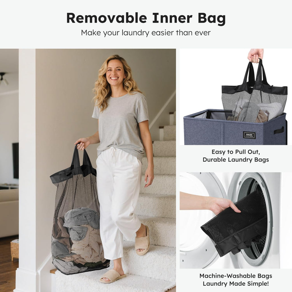 180L Double Laundry Hamper with Lid and 2 Side Pockets, Dual Hamper | 2 Section Laundry Basket, Removable & Washable