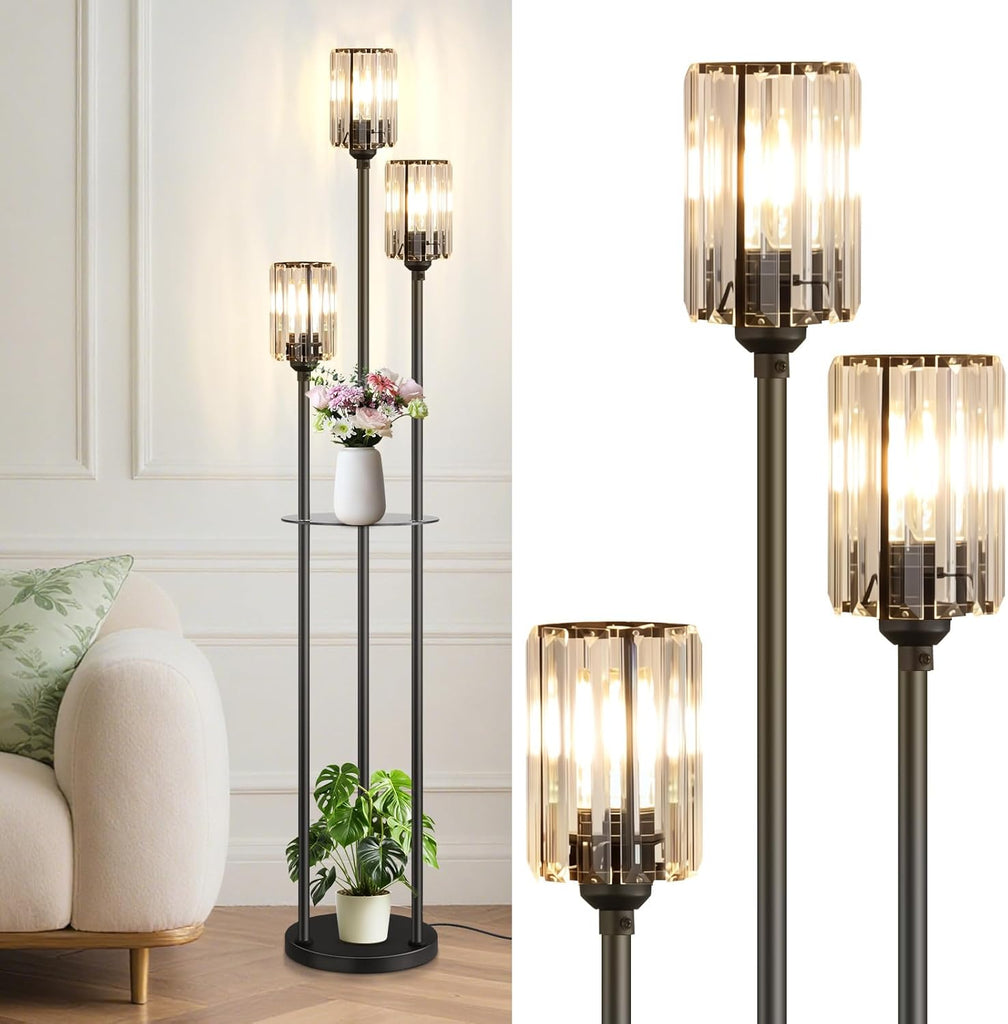 Crystal Floor Lamps, Glass Modern Floor Lamp with Shelves, Mid Century Standing Lamps with Table