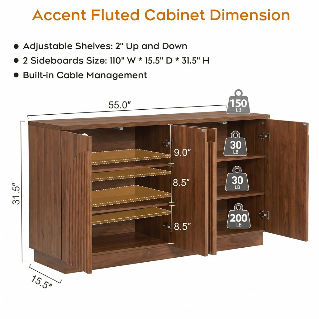 110" Fluted Sideboard Buffet Cabinet with Storage, Credenza, Walnut