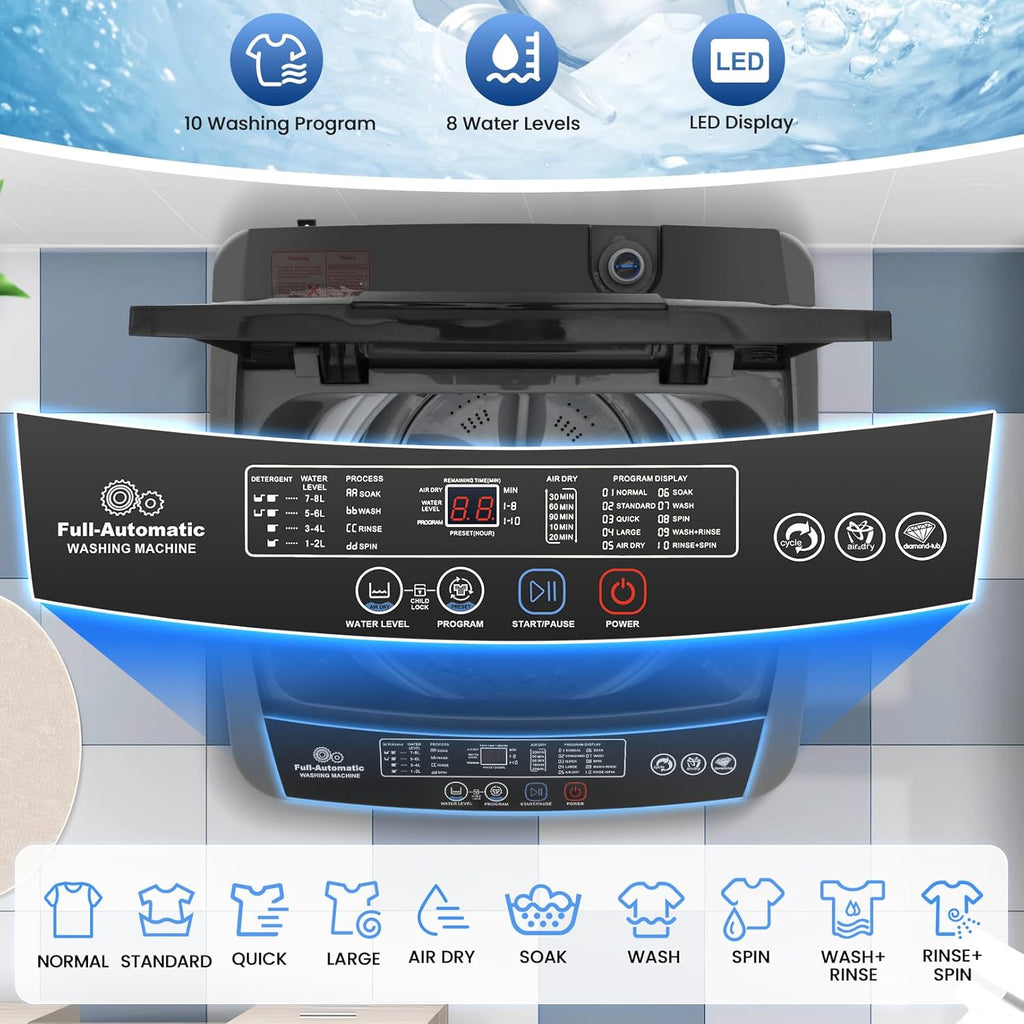 2.8 Cu.ft Portable Washer, 20 lbs Capacity Full Automatic Washing Machine with Drain Pump, 10 Wash Programs & LED
