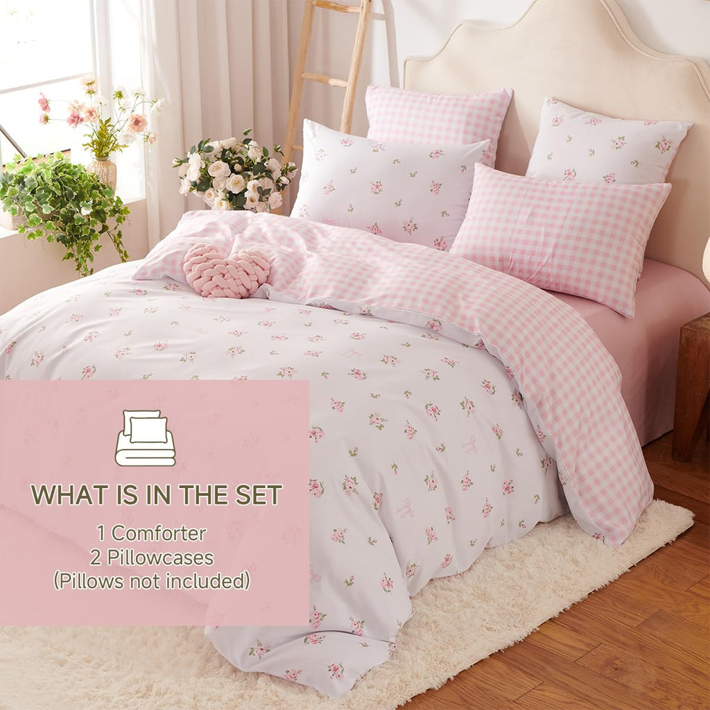 Floral Comforter Set, Pink Bedding Set with Gingham Pattern