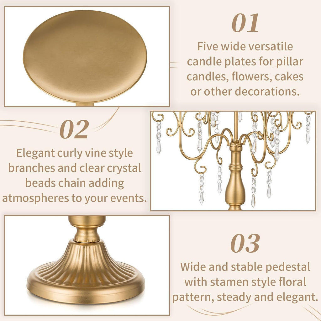 Gold Candelabra Candle Holder - 5 Arm Pillar Candle Holders with Crystal Beadsedding Candleholders Decoration Set of 2