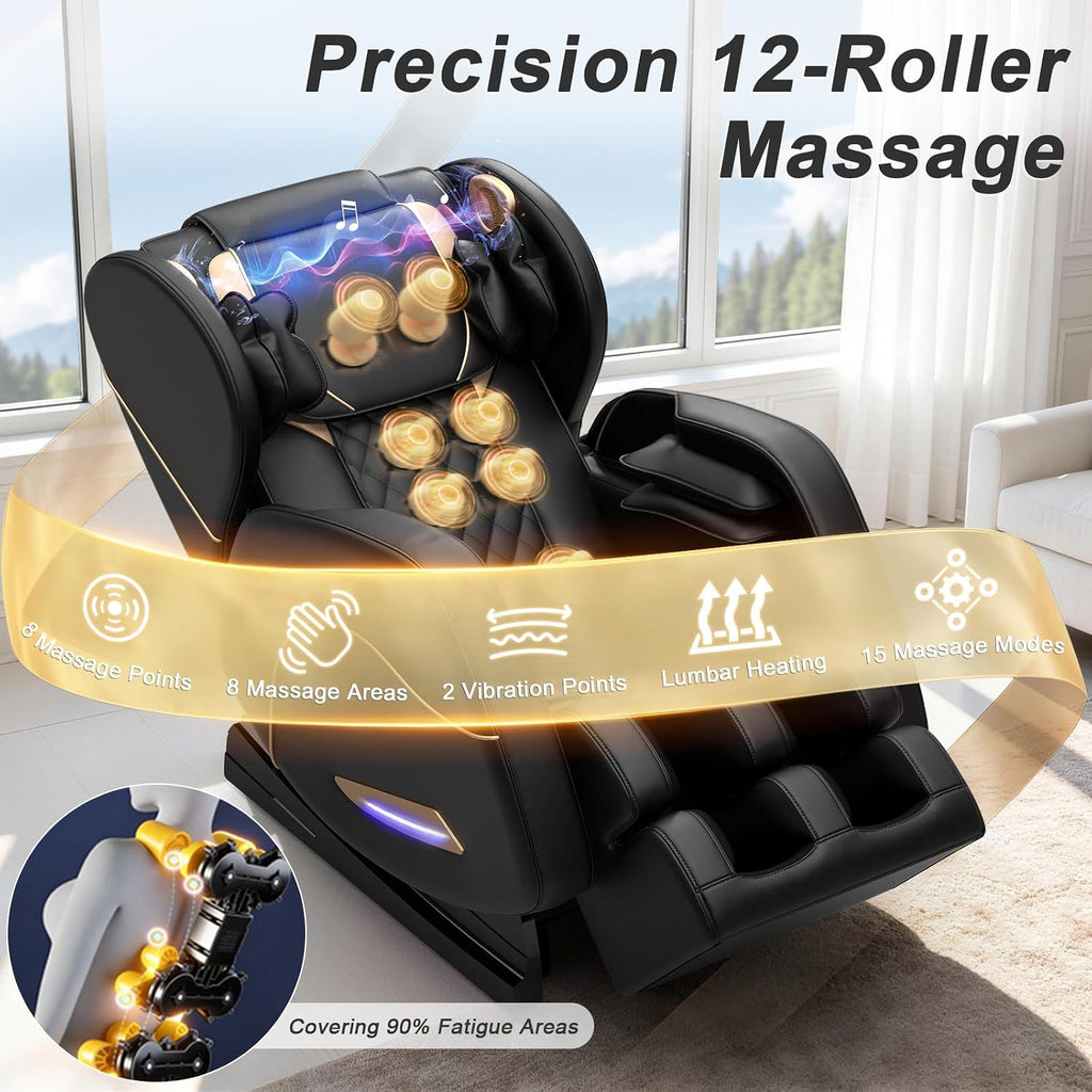 SL Track Massage Chair Full Body, Zero Gravity, Waist & Back Heat | 12 Fixed Rollers, 8 Airbag, 15 Programs, Foot