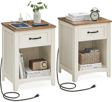 Farmhouse Nightstands with Charging Station, Set of 2 Bedside Tables, Side Tables with Drawer, Open