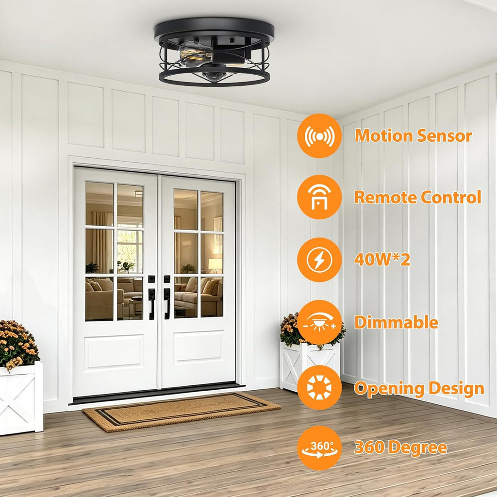 Motion Sensor Outdoor Ceiling Light, 2-Light Flush Mount Black Porch Light