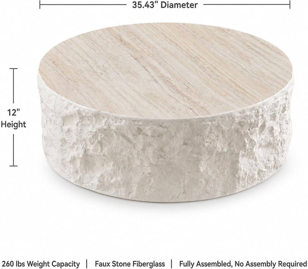 35.43" Round Coffee Table for Living Room, Modern Faux Marble Travertine Coffee Table, Sculptural Fiberglass Drum Cent