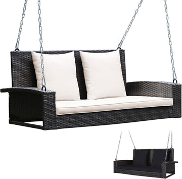 2-Person Wicker Porch Swing, Patiojoy Outdoor Rattan Hanging Swing Bench W/ 2 Back Cushions & 1 Seat Cushion, Sturdy