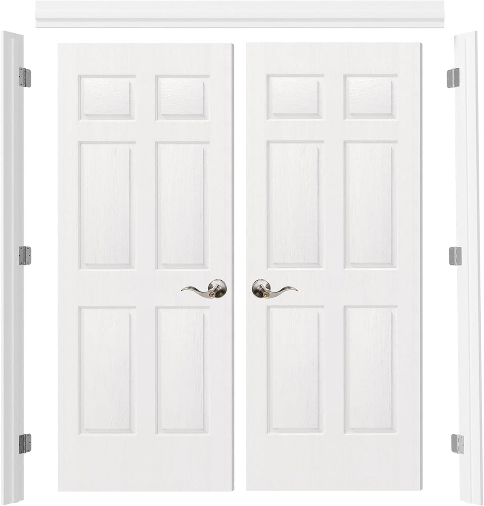French Doors, 60" x 80" Hollow Core Interior Doors with Pre-Hung Door Jamb, Silver Hinges, Door Levers and Latch, 6-Panel Prehung Door for Bedrooms, Closets, Pantries, Easy to Install