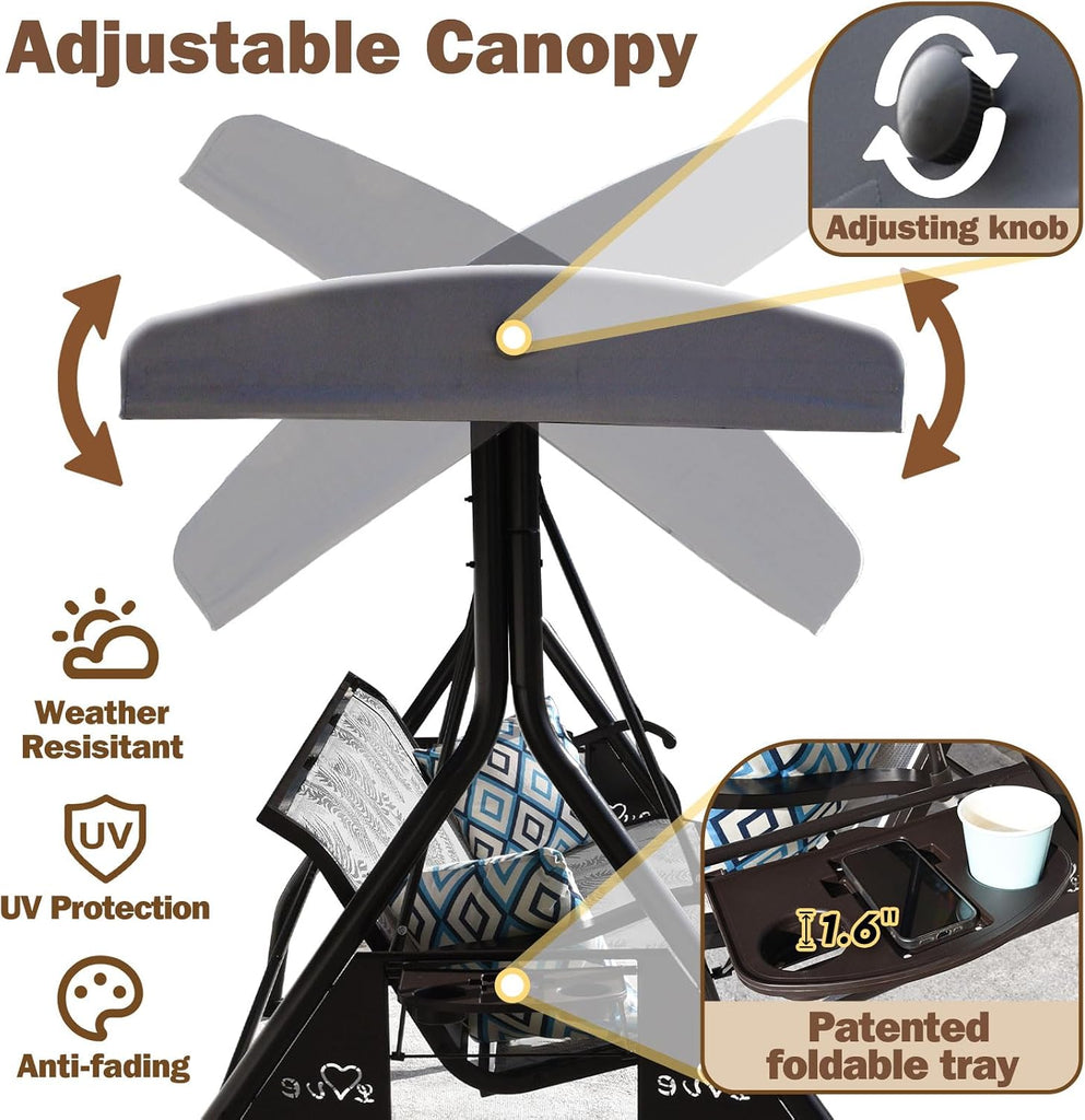 3 Person Patio Swing Outdoor Swing for Adults with Adjustable Canopy &Upgraded Cup Holders Textilene Fabric Porch