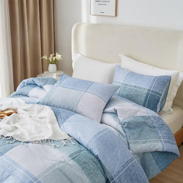 Plaid Comforter Set Farmhouse Comforter Bedding, Blue and White Comforter Grid Buffalo Reversible