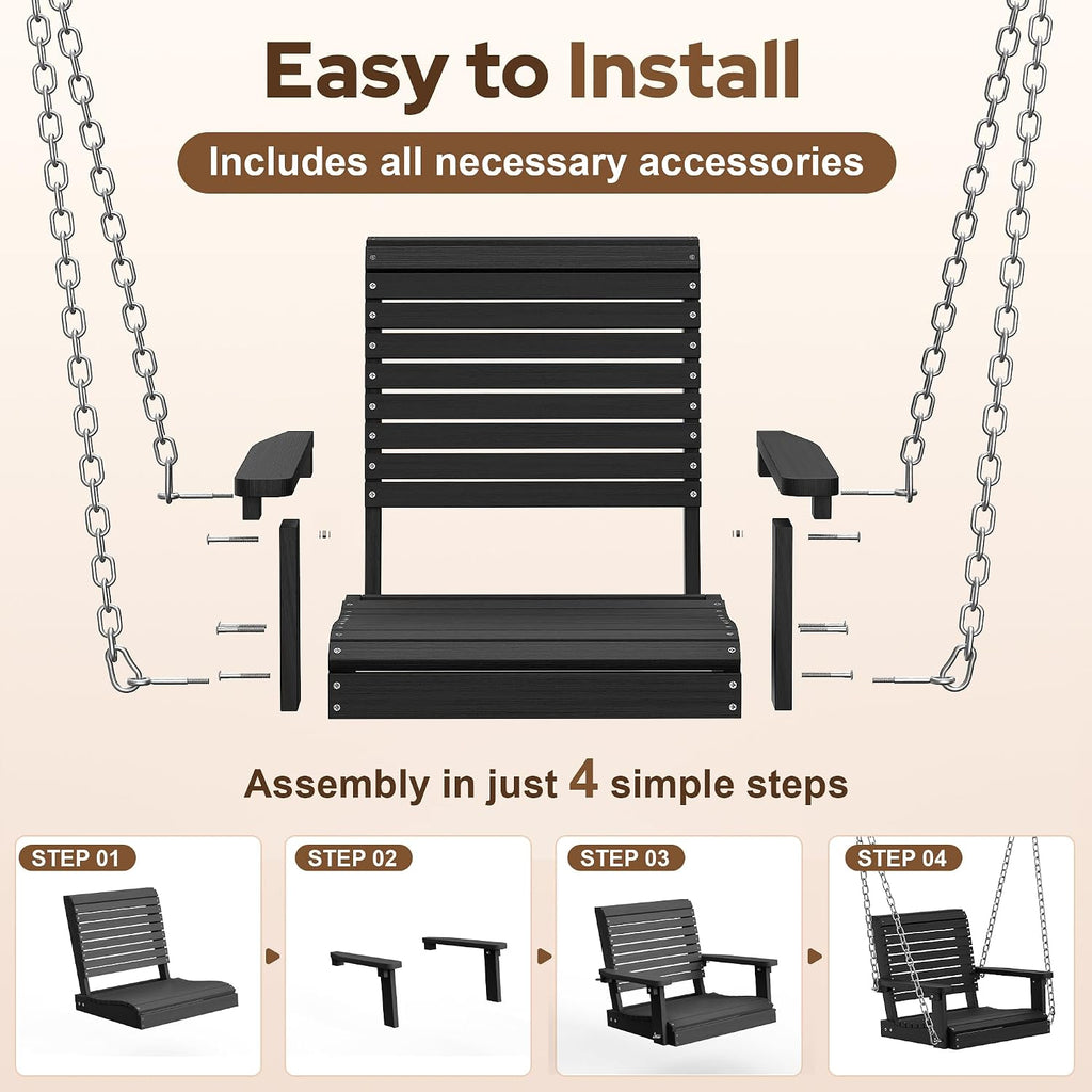 HDPE Single Outdoor Porch Swing, 360 LBS Hanging Swing Chair, Black | All-Weather & Fade Resistant, Adjustable