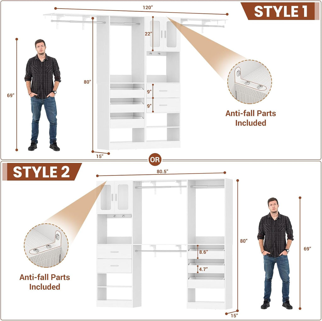 6.7FT-10FT Closet System Set with Half-Open Drawers, 80.5''-120" Wooden Modular Wardrobe Set with Shelving Towers