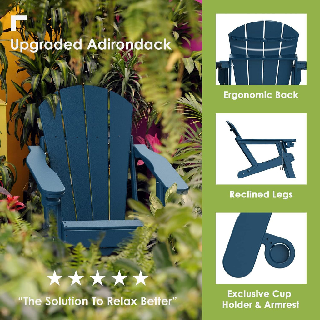 Folding Adirondack-Chairs-with-Ottoman Set of 2, HDPE, Blue | Retractable Foot Rest | Hidden Cup Holders | 5" Wide