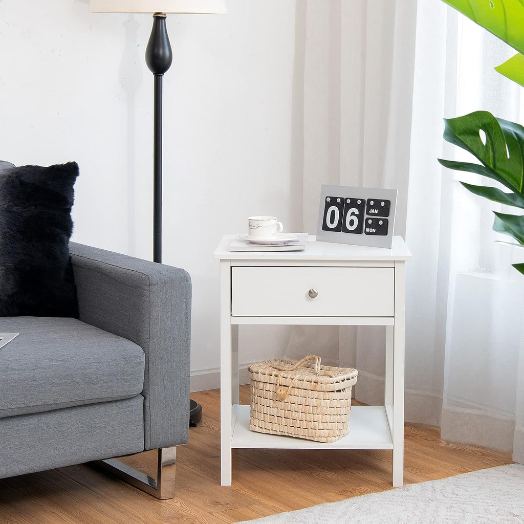 Nightstand Set of 2, Wood End Table with Drawer and Open Shelf, Night Stand , 2-Tier Bedside Table Bedroom Dorm, Easy