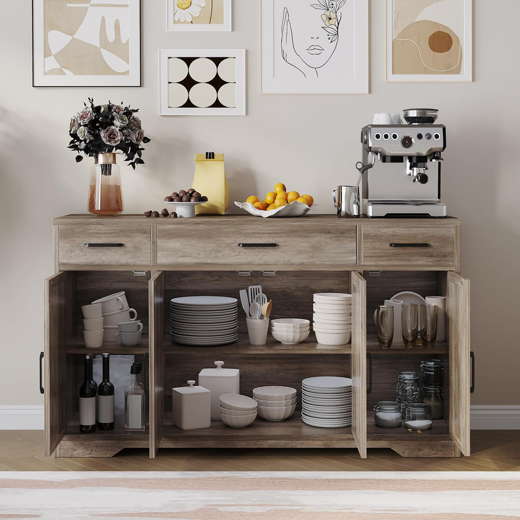 Modern Buffet Sideboard Kitchen Storage Cabinet with 3 Drawers, 55" Large Farmhouse Buffet Cabinet with Shelves and