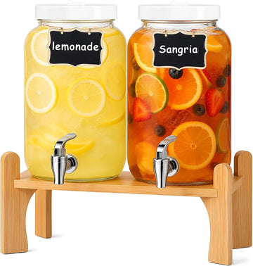 Gallon Large with Stand for Parties, Glass Iced Beverage Dispensers with Spigot, Reusable Water Dispenser - Set of 2