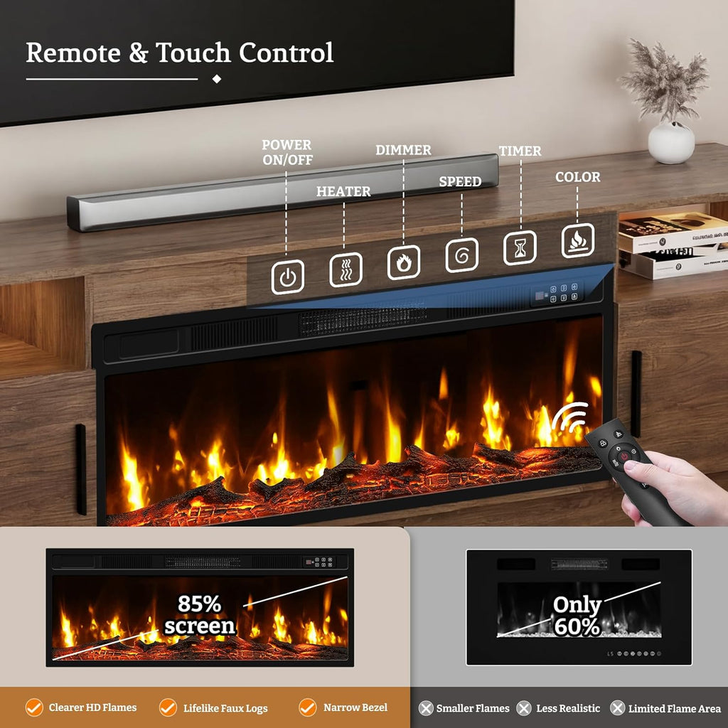 Fireplace TV Stand for 65-80 inch TV, Large Entertainment Center with Fireplace & LED Lights,High Gloss Living Room