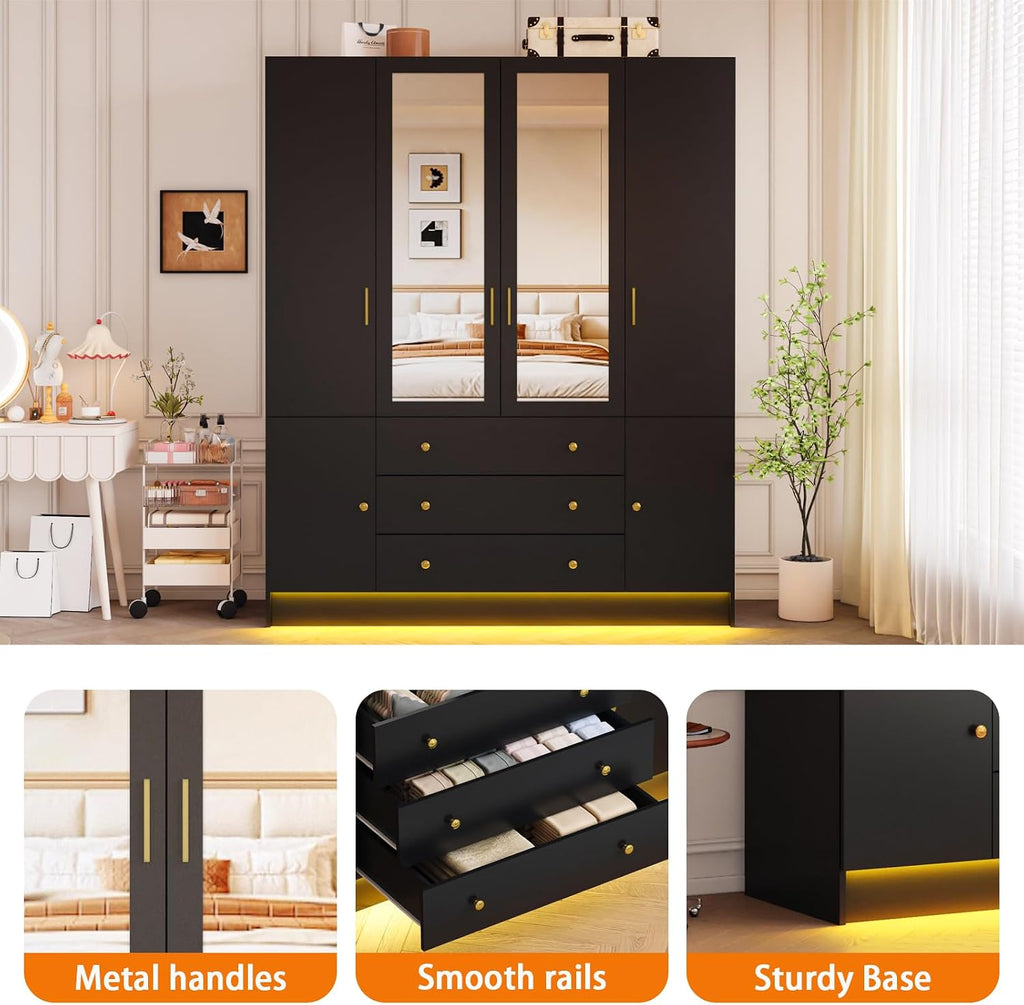 4 Doors LED Armoire Wardrobe Closet with Mirror, 75" Tall Modern Wooden Wardrobe Closet with 3 Drawers, Freestanding