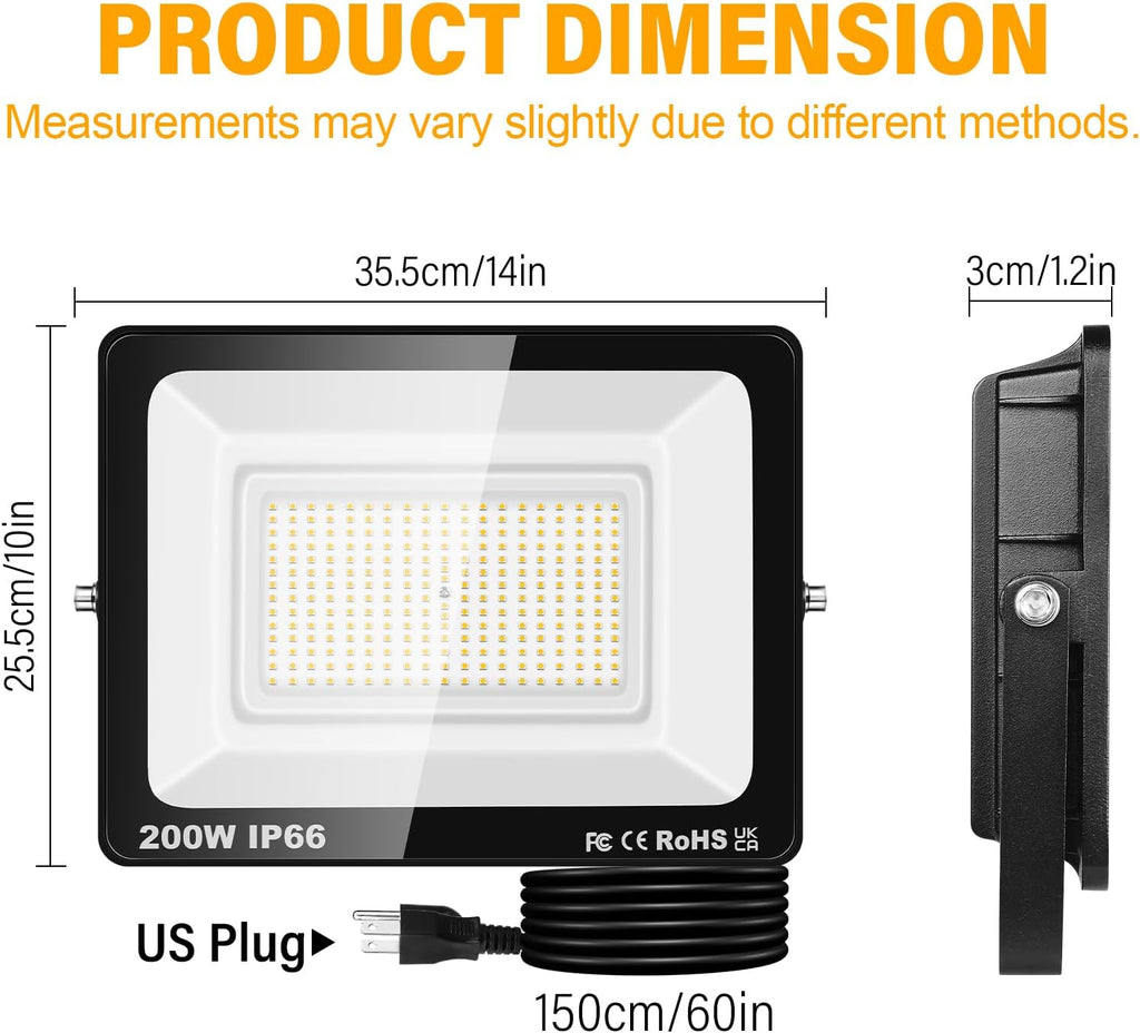 200W LED Flood Lights Outdoor,20000lm Exterior Security FloodLight with Plug, 6000K Work Light with IP66 Waterproof
