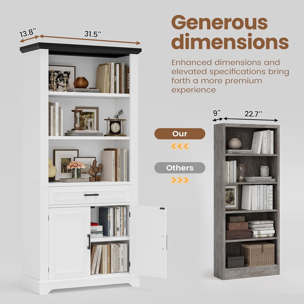Farmhouse Bookshelves and Bookcases with Doors and Drawer, Bookshelf with Storage