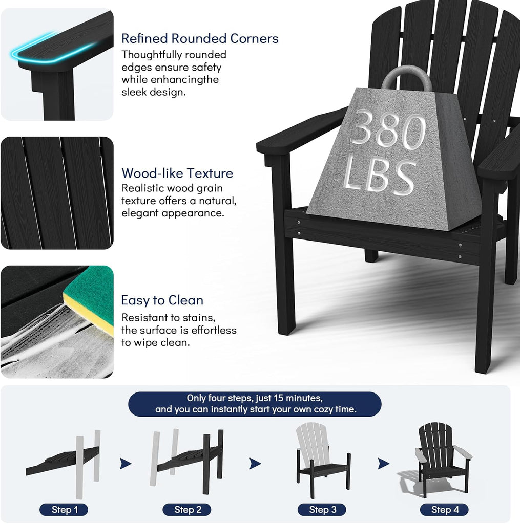 Compact Stackable Adirondack Chairs Set of 2,HDPE,Black | 26.3" Wide HDPE,380lb,All-Weather
