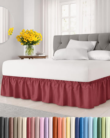 CGK Wrap Around Dust Ruffle Bed Skirt - Queen Size, 15" Inch, Burgundy
