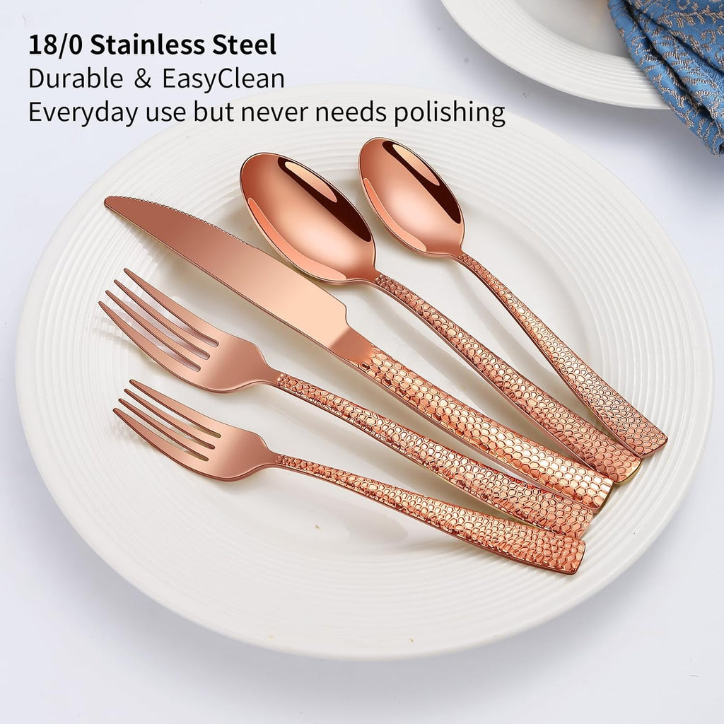 40-Piece Silverware Set, Rose Gold Hammered Stainless Steel Flatware Sets for 8, Food-Grade Tableware Set