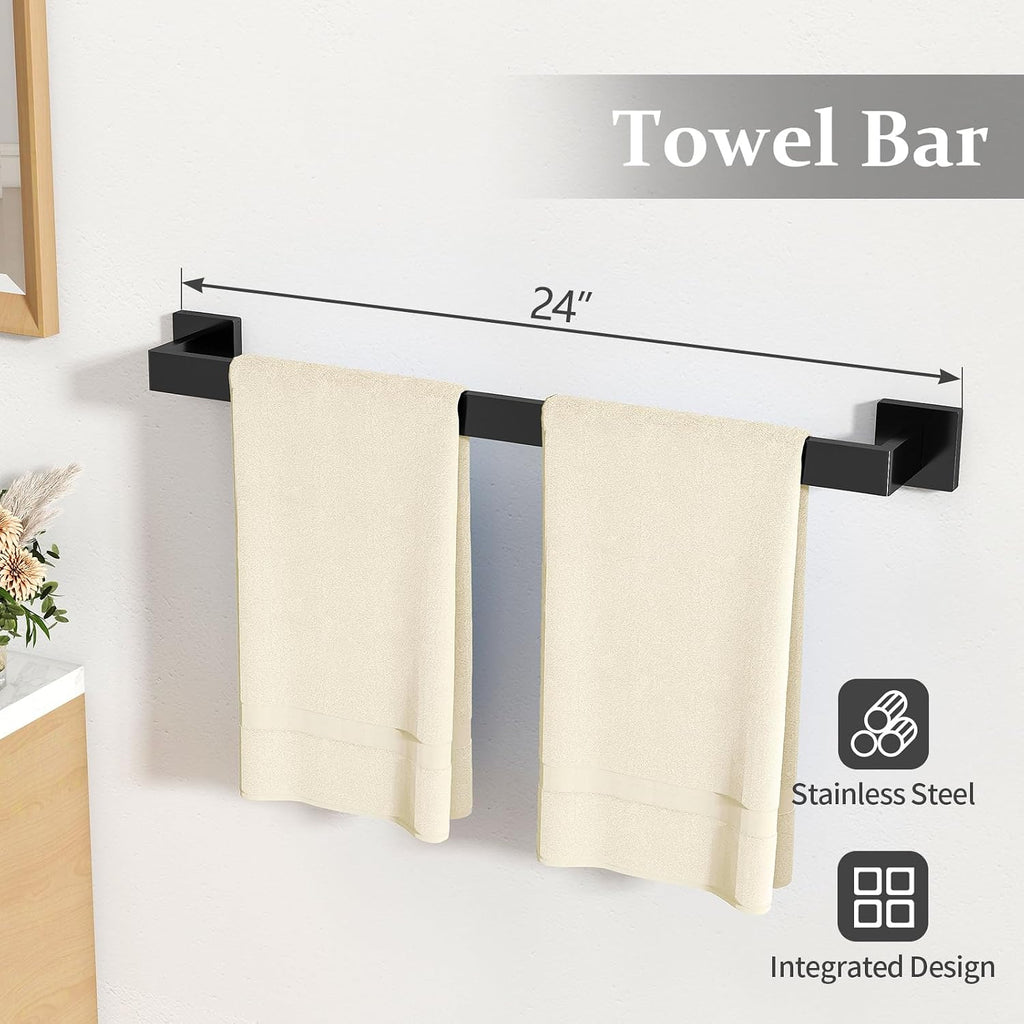10-Piece Matte Black Bathroom Hardware Accessories Set | 24 inch Towel Bar, Stainless Steel Towel Racks , Bath Towel