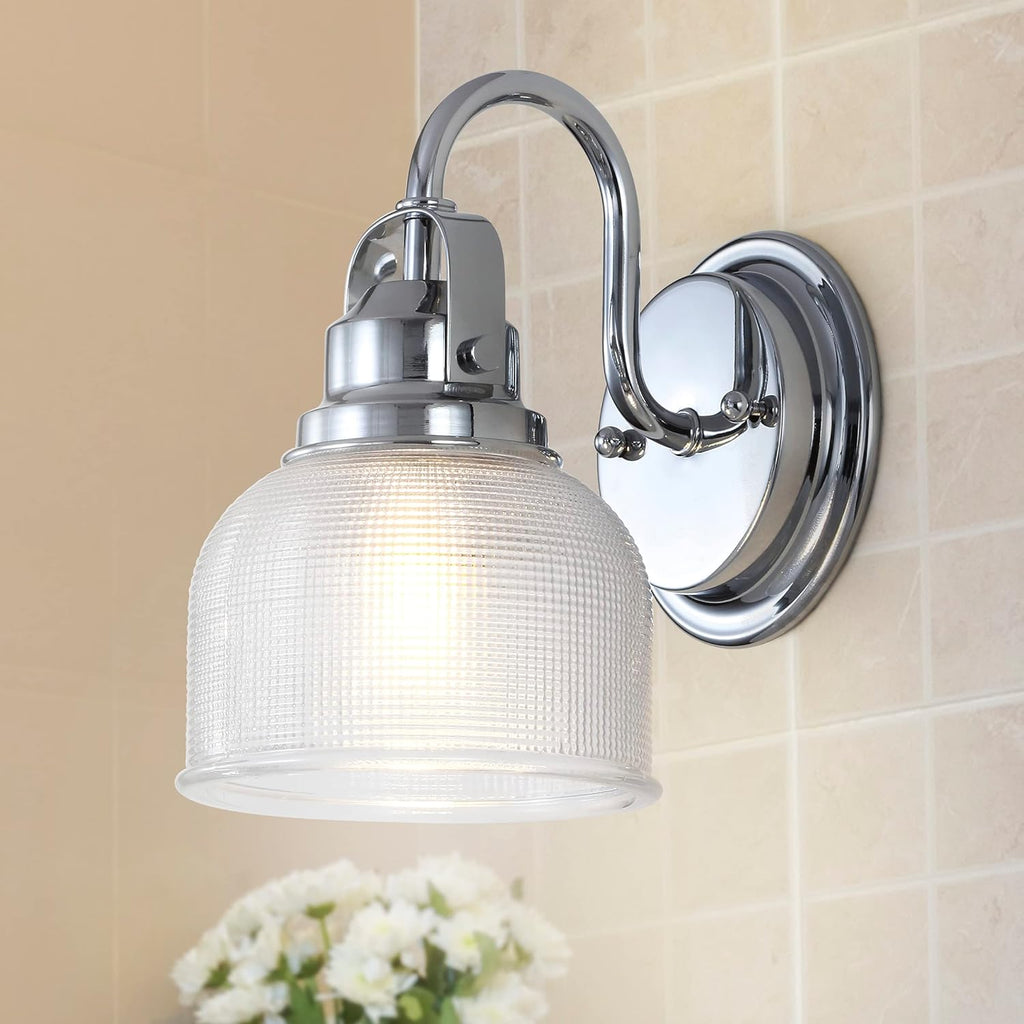 Virginia 1-Light Bath Vanity Light 5.75", Chrome | Metal Wall Sconce, Clear Glass Textured Bell Shade, Dimmable, For