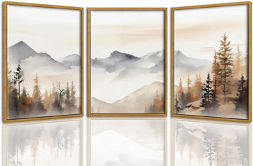 Framed Neutral Mountain Wall Art Forest Landscape Canvas Painting Prints Set of 3 Abstract Nature Watercolor Picture